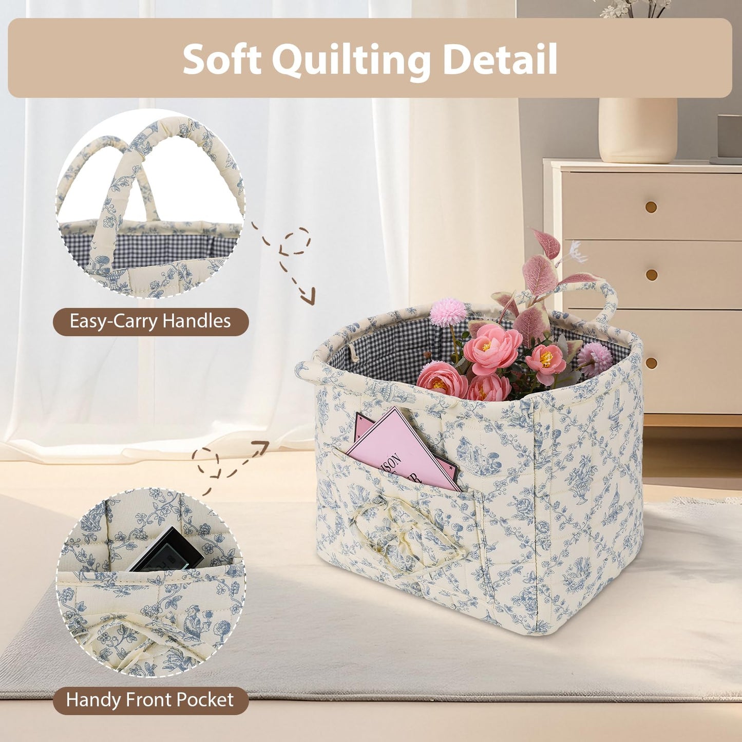 Quilted Floral Storage Basket for Home & Car
