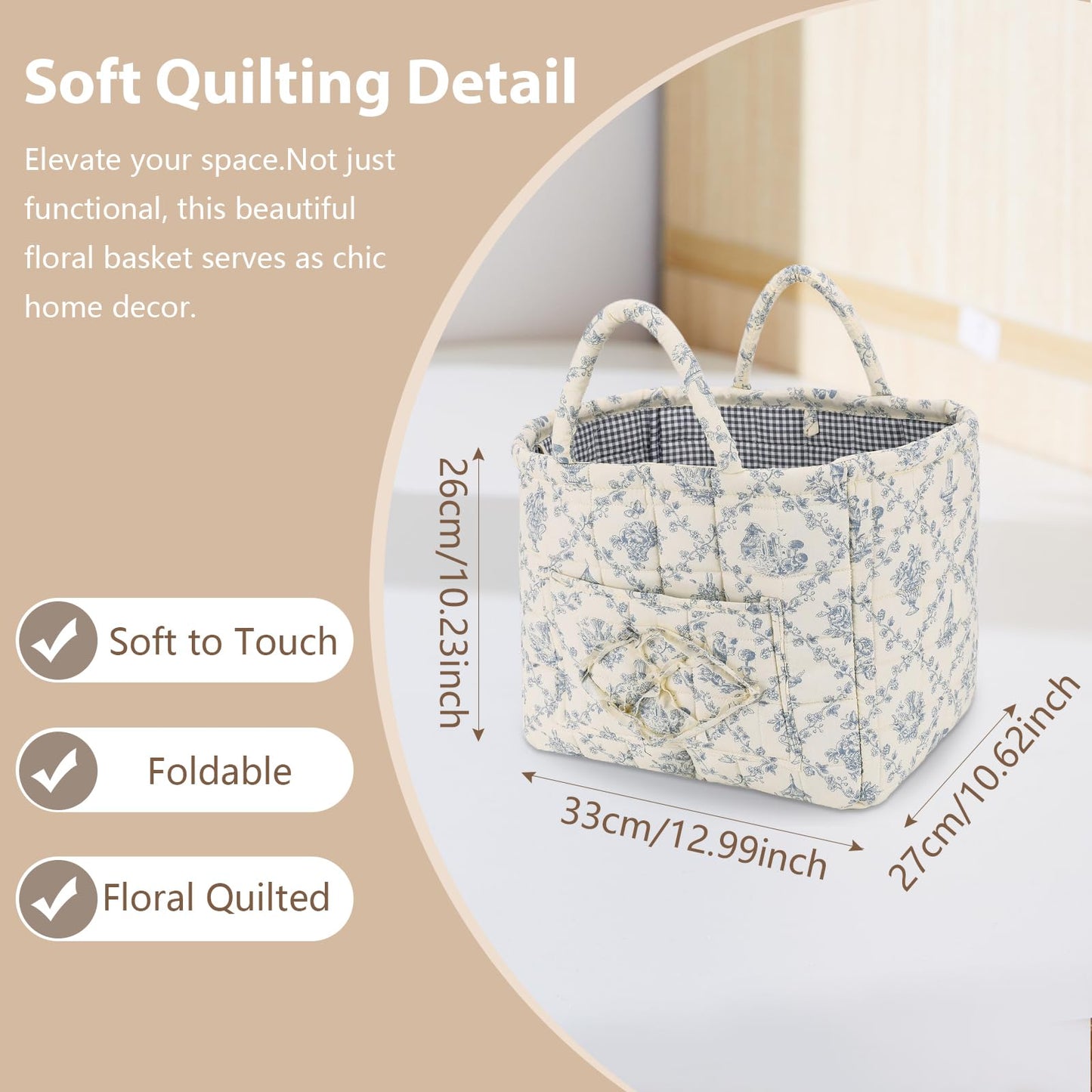 Quilted Floral Storage Basket for Home & Car