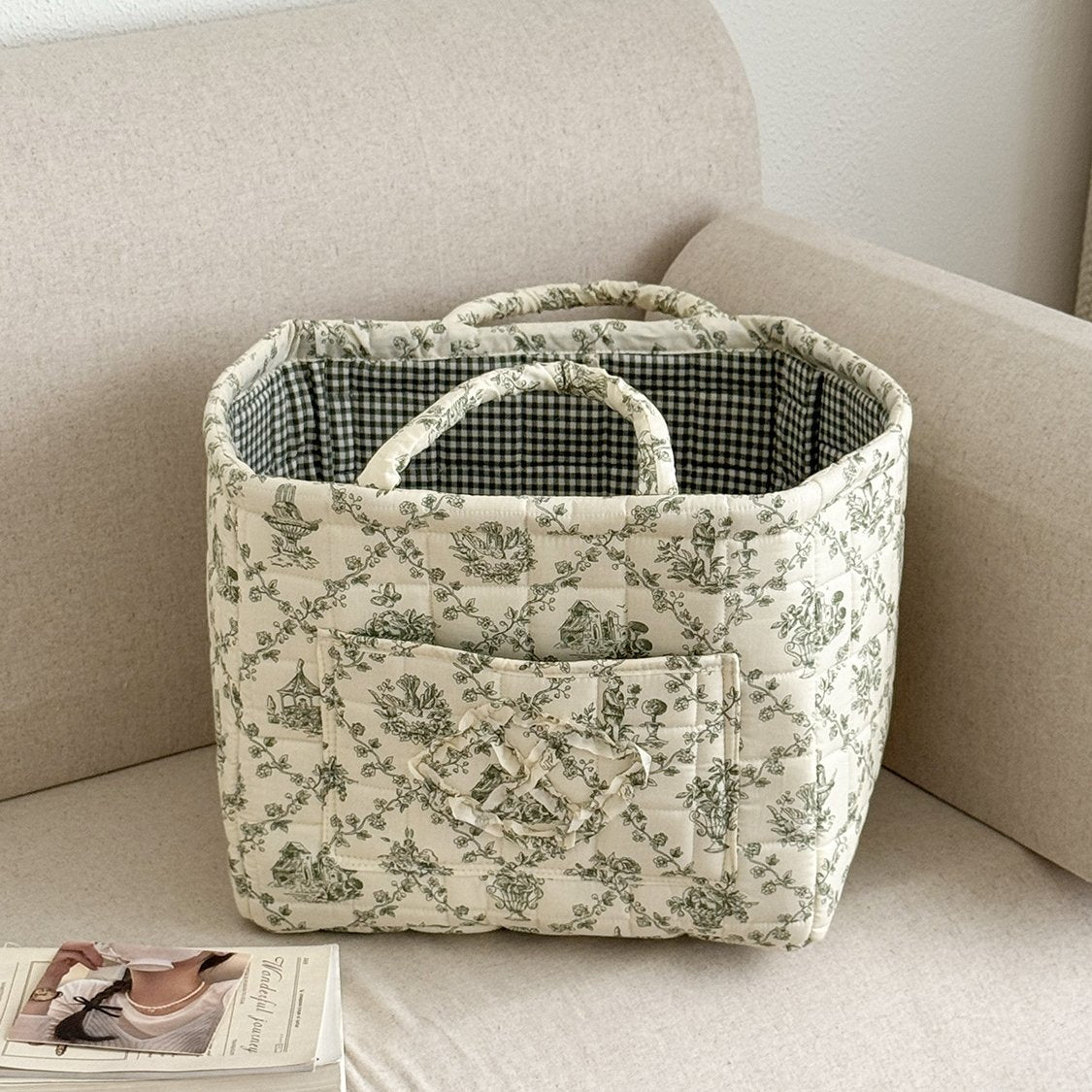 Quilted Floral Storage Basket for Home & Car
